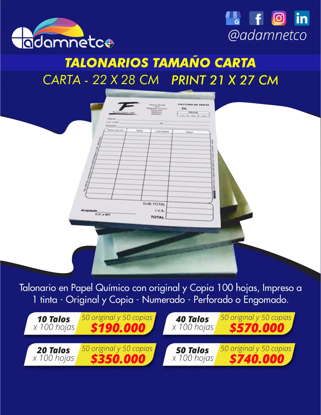 adamnetco - Talonario tamaño carta x 100 hojas – 27 x 21cm