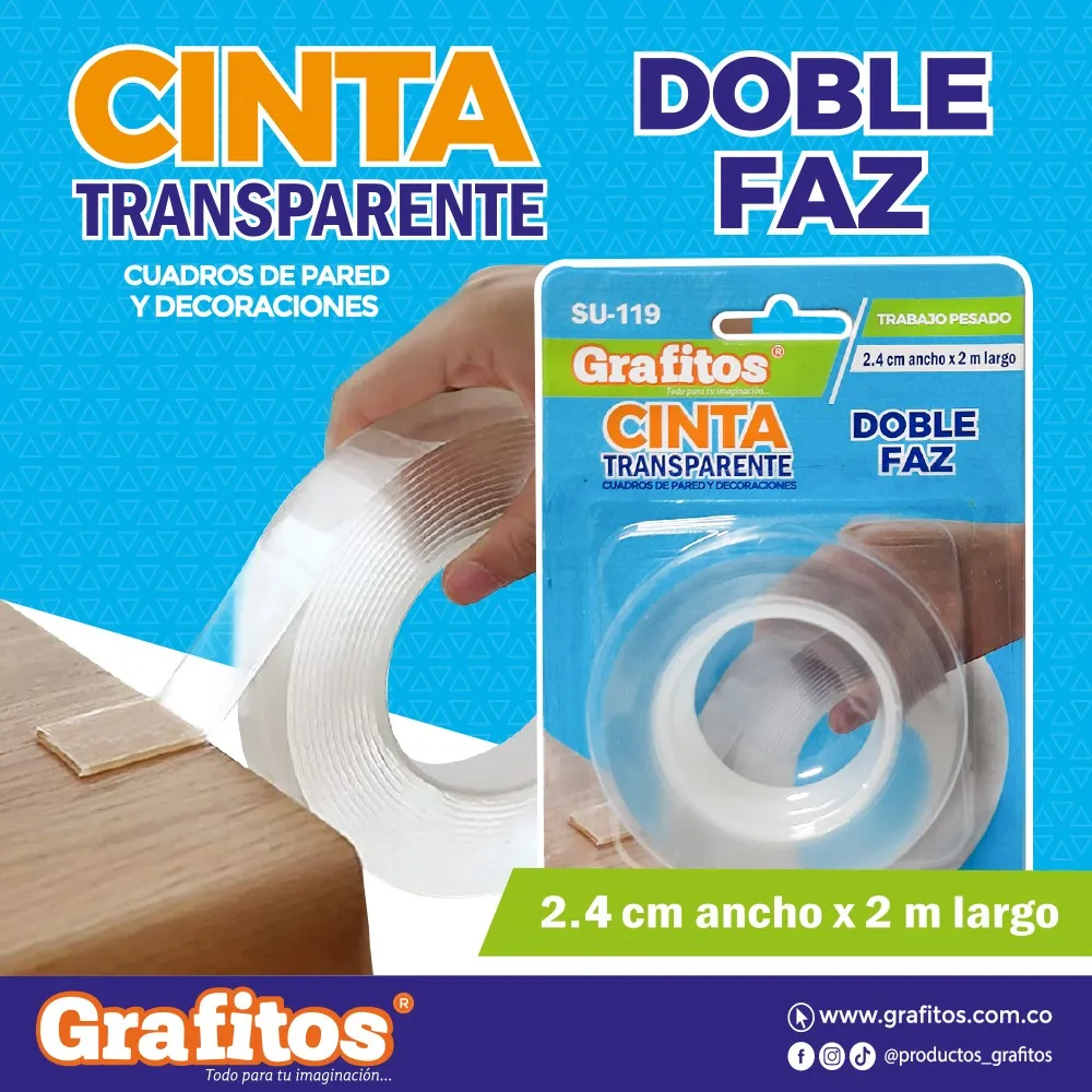 Cinta Doble Faz Transparente 2.4cm Grafitos