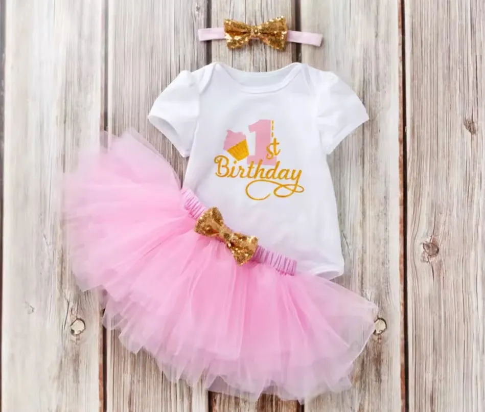 Conjunto Para Bebe Tutu Rosa 1st Birthday